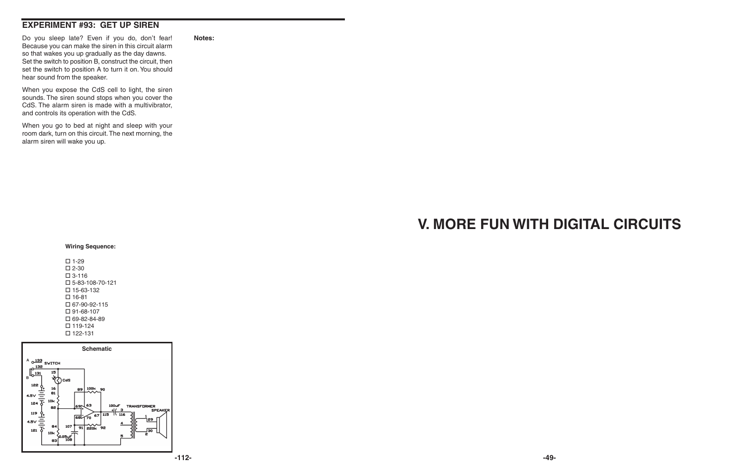 V. more fun with digital circuits, Experiment #93: get up siren | Elenco 130-in-1 Electronics Playground User Manual | Page 49 / 160