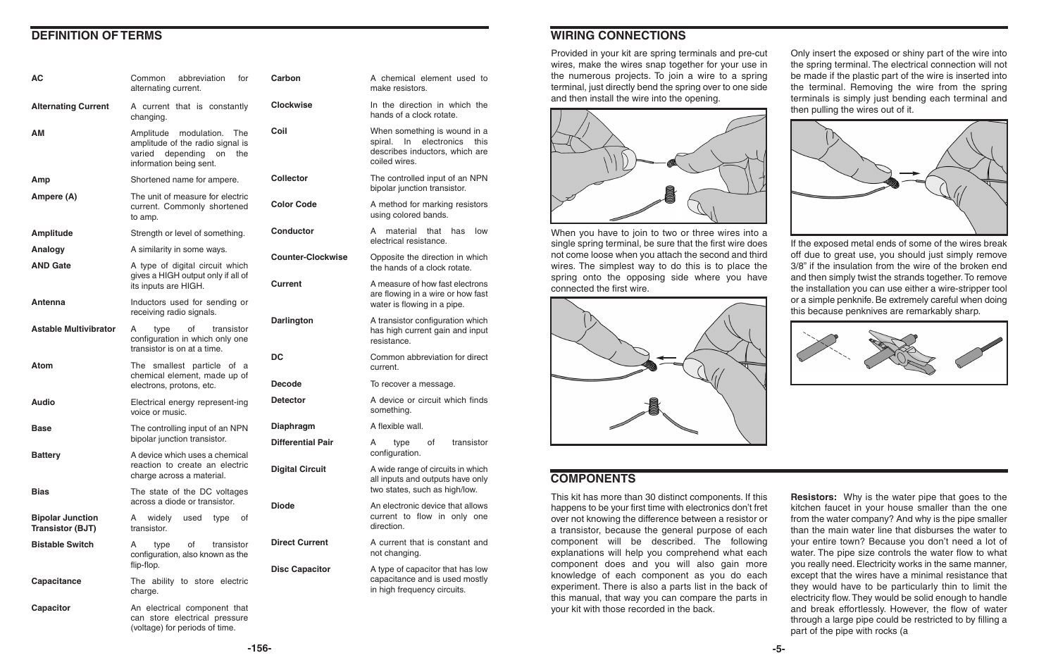 Definition of terms, Wiring connections, Components | Elenco 130-in-1 Electronics Playground User Manual | Page 5 / 160