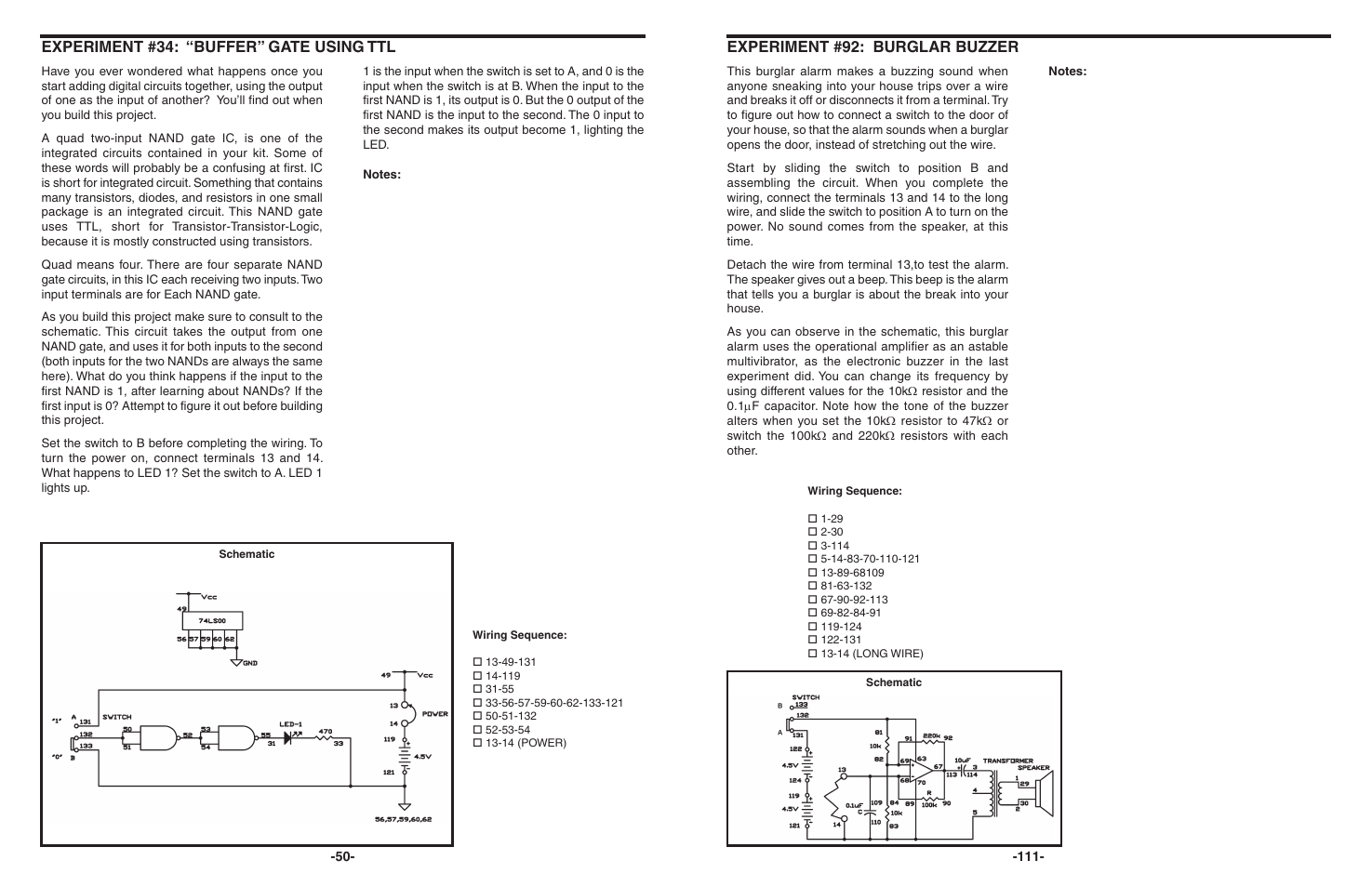 Experiment #34: “buffer” gate using ttl, Experiment #92: burglar buzzer | Elenco 130-in-1 Electronics Playground User Manual | Page 50 / 160