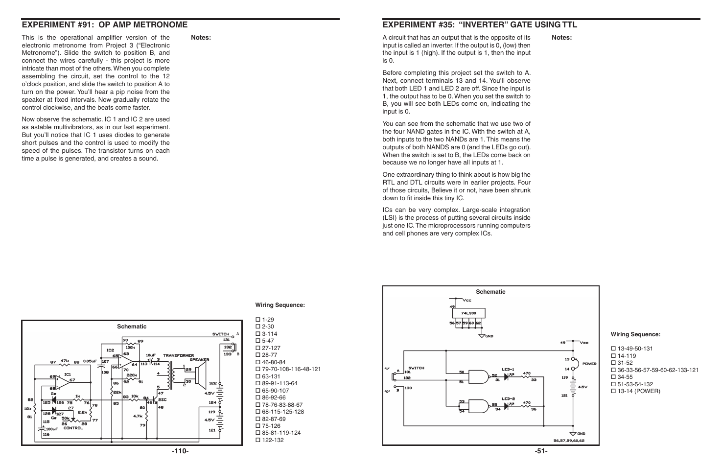 Experiment #35: “inverter” gate using ttl, Experiment #91: op amp metronome | Elenco 130-in-1 Electronics Playground User Manual | Page 51 / 160