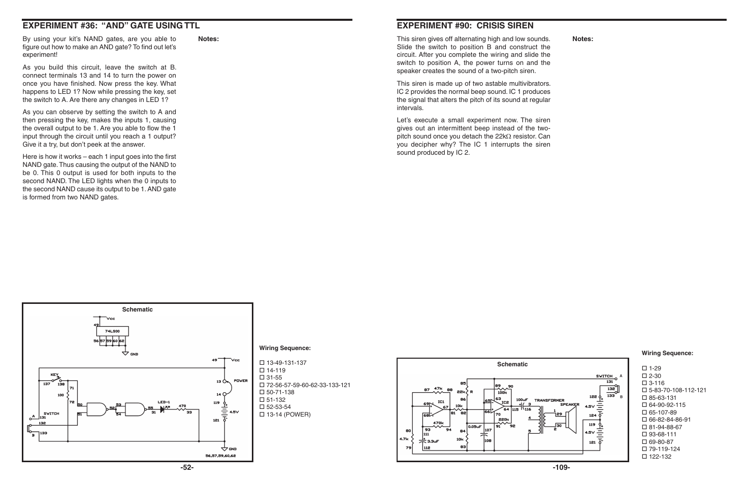 Experiment #36: “and” gate using ttl, Experiment #90: crisis siren | Elenco 130-in-1 Electronics Playground User Manual | Page 52 / 160