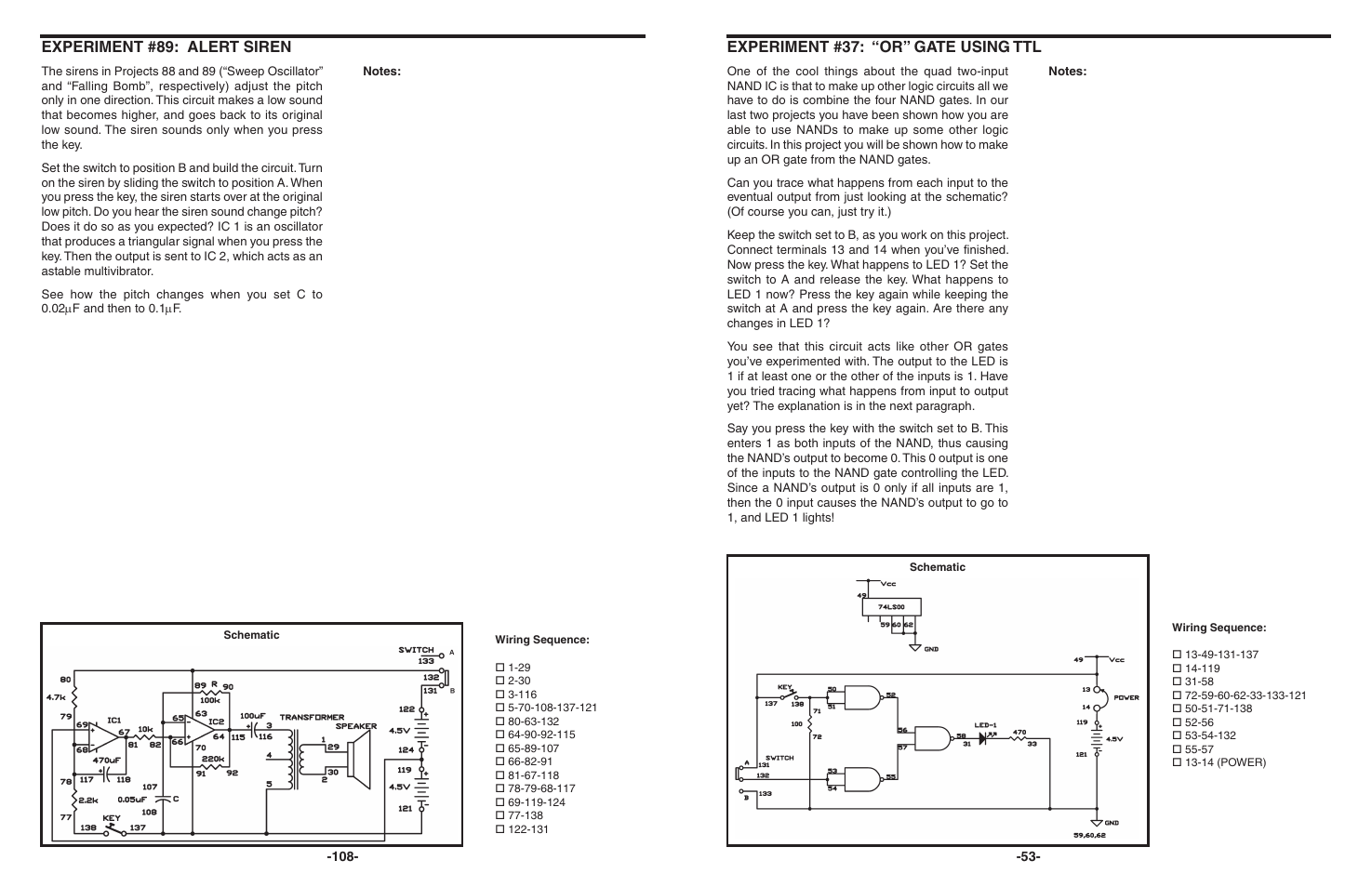 Experiment #37: “or” gate using ttl, Experiment #89: alert siren | Elenco 130-in-1 Electronics Playground User Manual | Page 53 / 160
