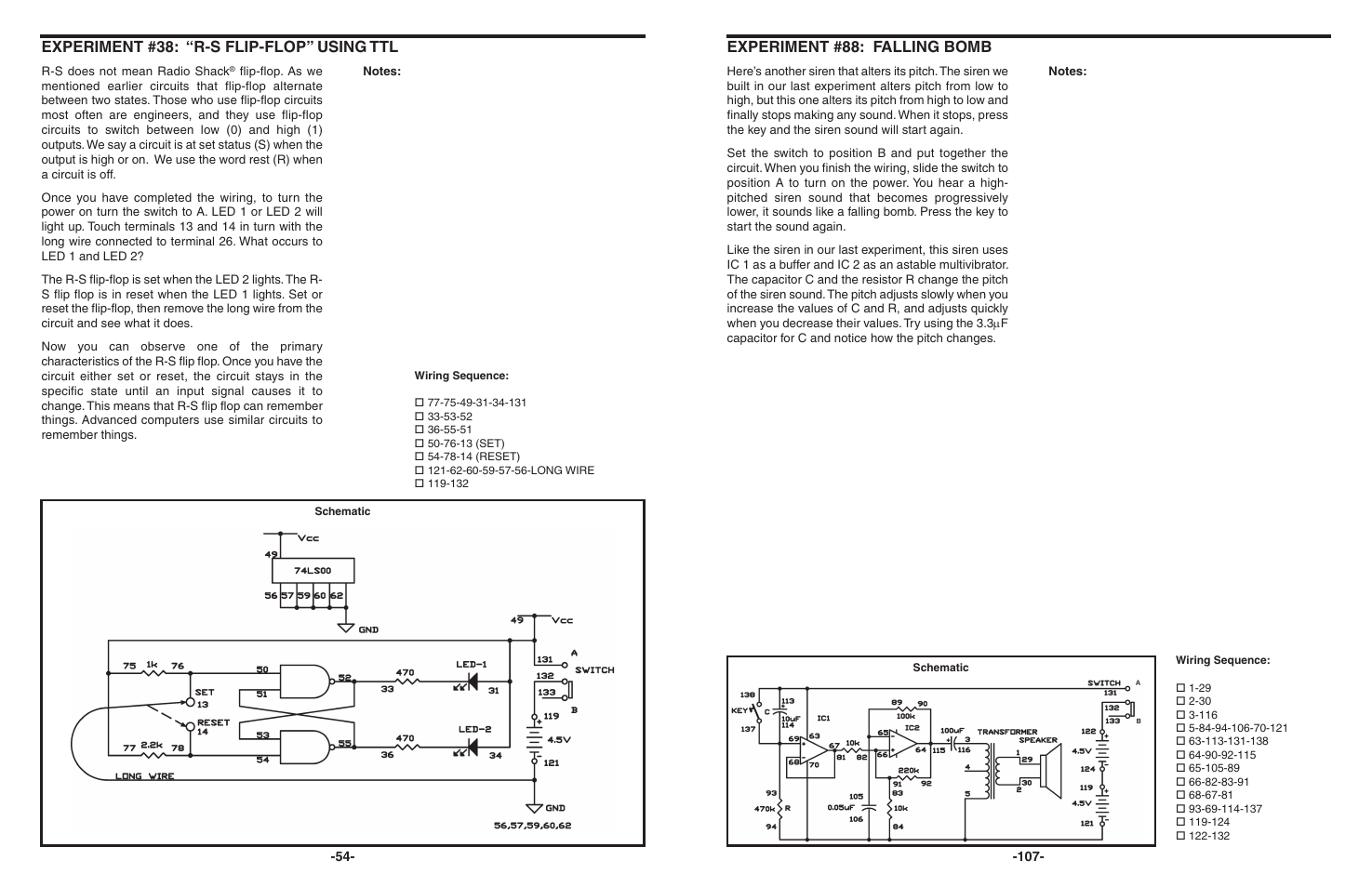 Experiment #38: “r-s flip-flop” using ttl, Experiment #88: falling bomb | Elenco 130-in-1 Electronics Playground User Manual | Page 54 / 160