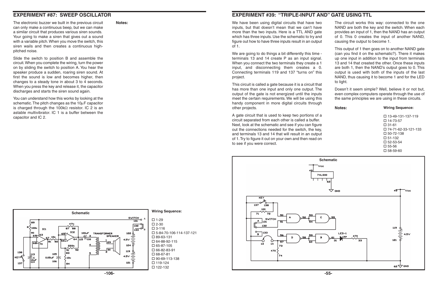 Experiment #39: “triple-input and” gate using ttl, Experiment #87: sweep oscillator | Elenco 130-in-1 Electronics Playground User Manual | Page 55 / 160