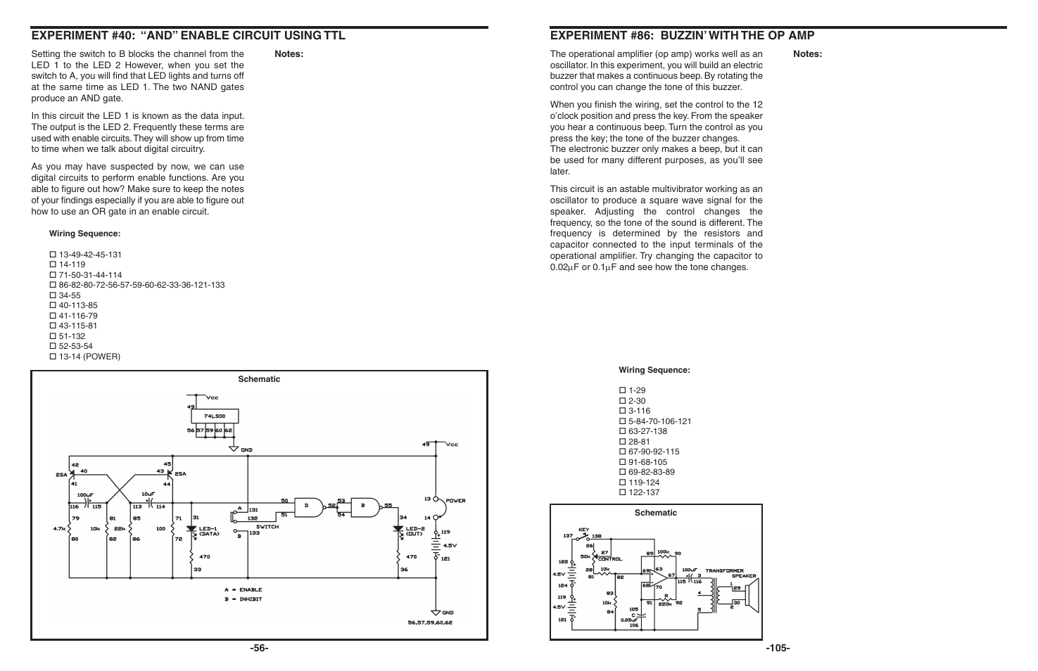 Experiment #40: “and” enable circuit using ttl, Experiment #86: buzzin’ with the op amp | Elenco 130-in-1 Electronics Playground User Manual | Page 56 / 160