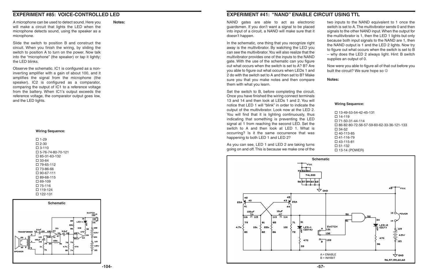 Experiment #41: “nand” enable circuit using ttl, Experiment #85: voice-controlled led | Elenco 130-in-1 Electronics Playground User Manual | Page 57 / 160