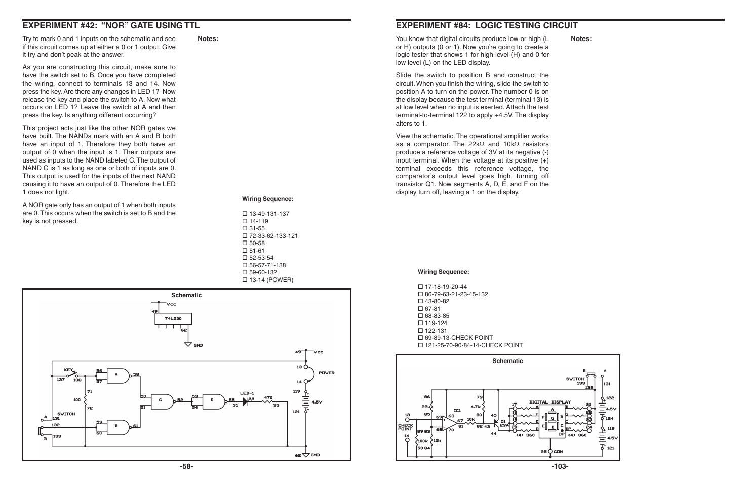Experiment #42: “nor” gate using ttl, Experiment #84: logic testing circuit | Elenco 130-in-1 Electronics Playground User Manual | Page 58 / 160