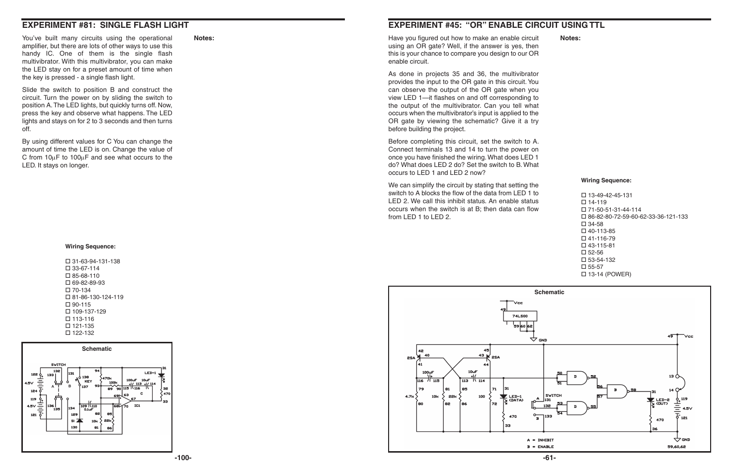 Experiment #45: “or” enable circuit using ttl, Experiment #81: single flash light | Elenco 130-in-1 Electronics Playground User Manual | Page 61 / 160