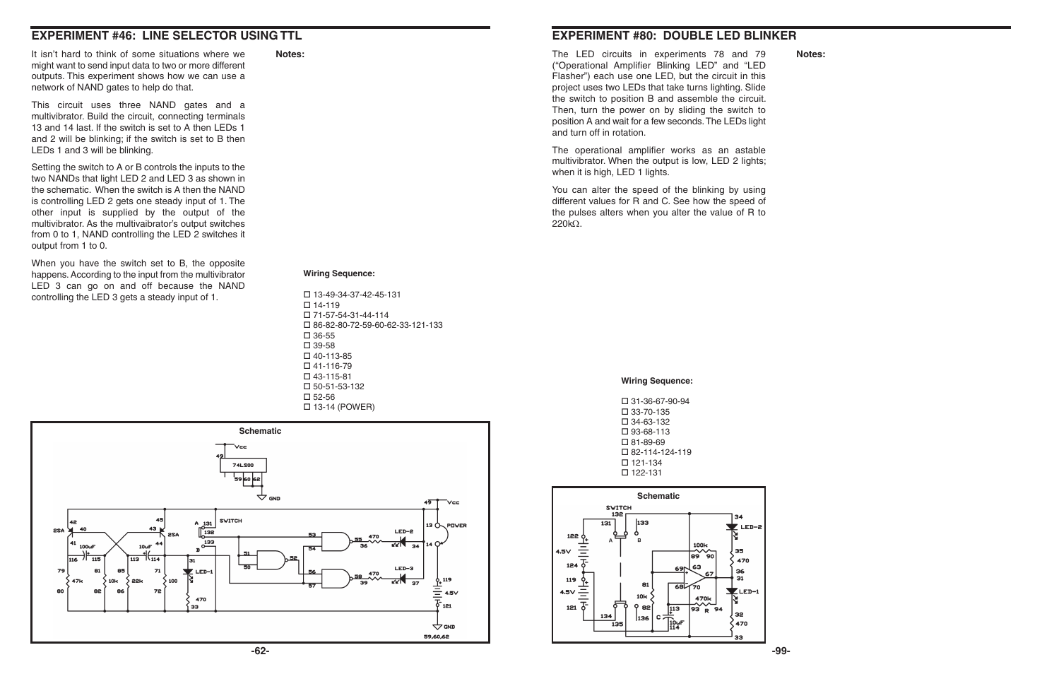 Experiment #46: line selector using ttl, Experiment #80: double led blinker | Elenco 130-in-1 Electronics Playground User Manual | Page 62 / 160