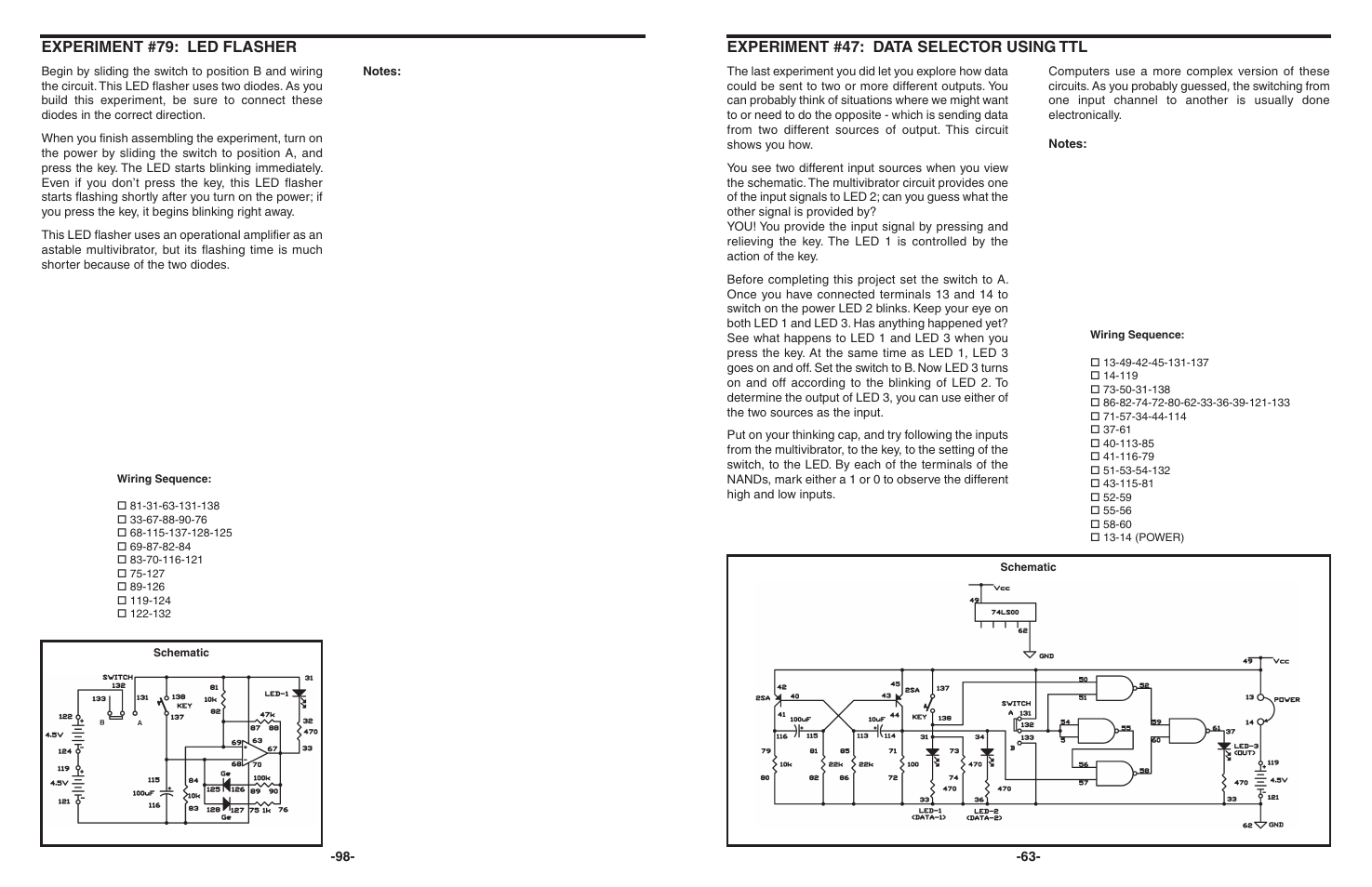 Experiment #47: data selector using ttl, Experiment #79: led flasher | Elenco 130-in-1 Electronics Playground User Manual | Page 63 / 160