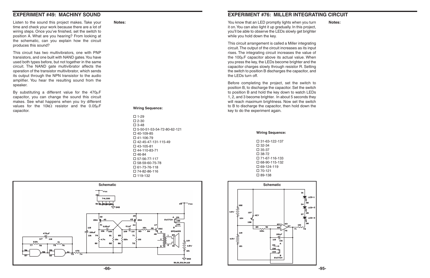 Experiment #49: machiny sound, Experiment #76: miller integrating circuit | Elenco 130-in-1 Electronics Playground User Manual | Page 66 / 160