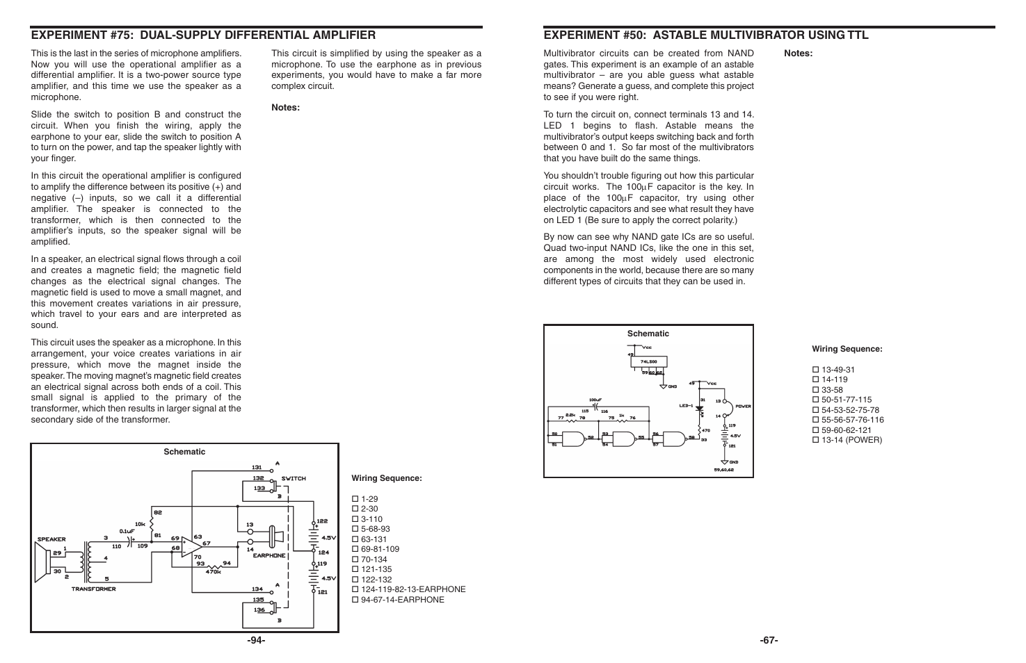 Experiment #50: astable multivibrator using ttl, Experiment #75: dual-supply differential amplifier | Elenco 130-in-1 Electronics Playground User Manual | Page 67 / 160