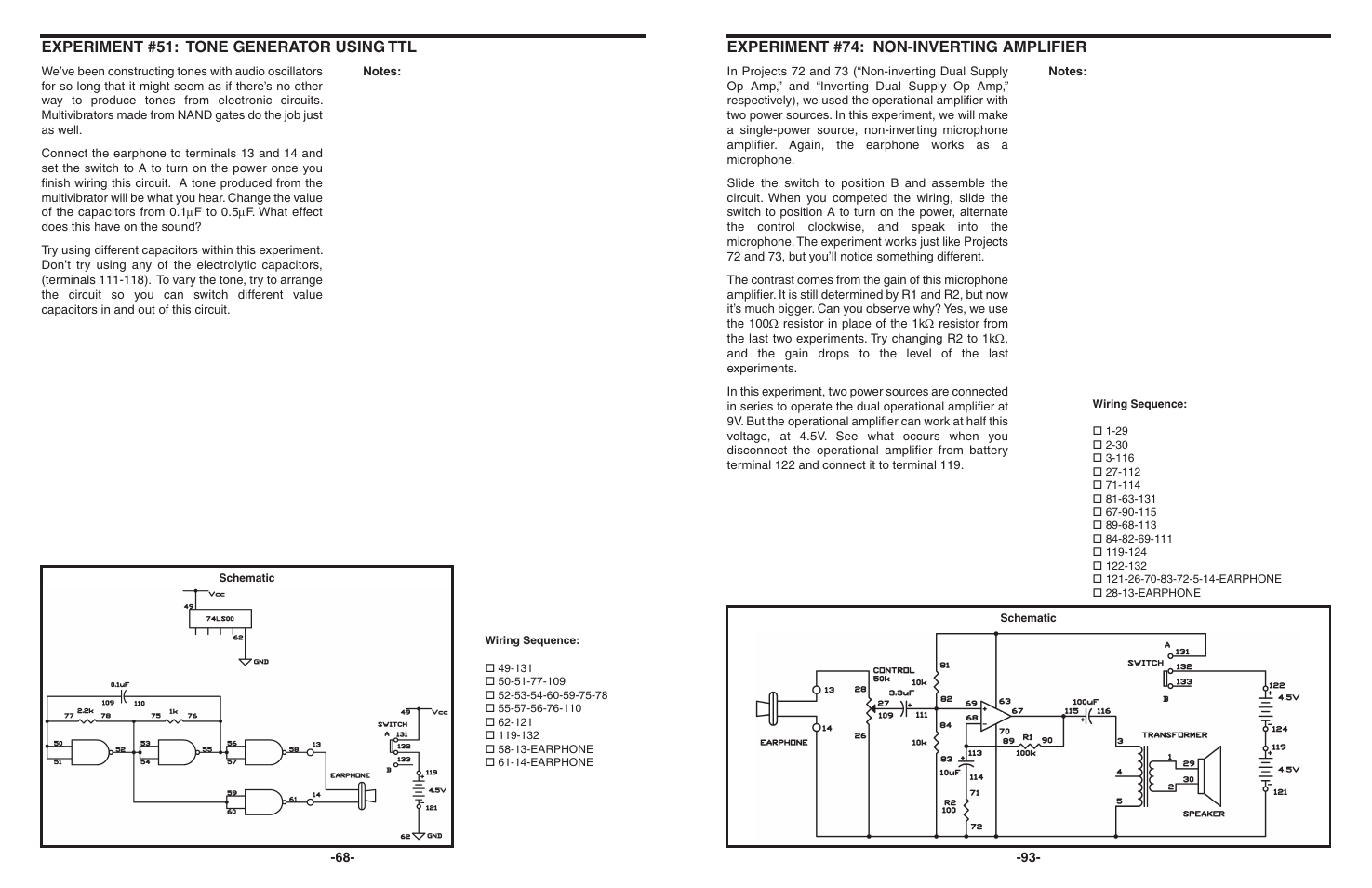 Experiment #51: tone generator using ttl, Experiment #74: non-inverting amplifier | Elenco 130-in-1 Electronics Playground User Manual | Page 68 / 160