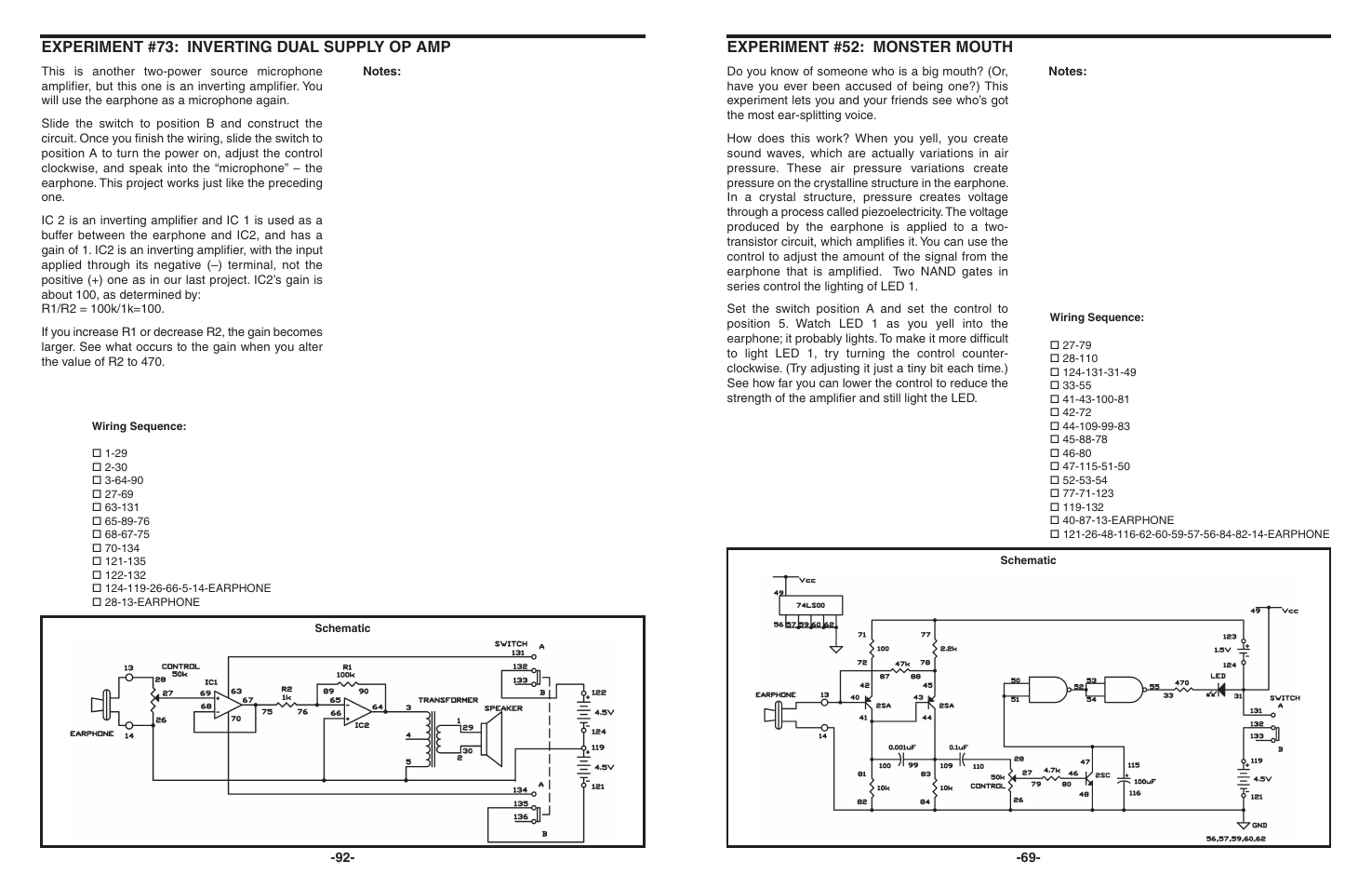 Experiment #52: monster mouth, Experiment #73: inverting dual supply op amp | Elenco 130-in-1 Electronics Playground User Manual | Page 69 / 160