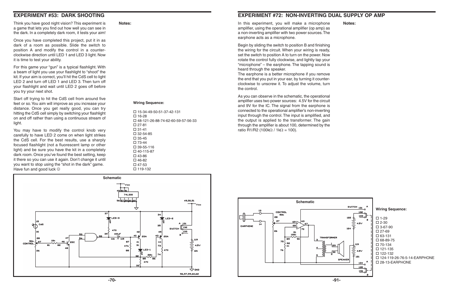 Experiment #53: dark shooting, Experiment #72: non-inverting dual supply op amp | Elenco 130-in-1 Electronics Playground User Manual | Page 70 / 160
