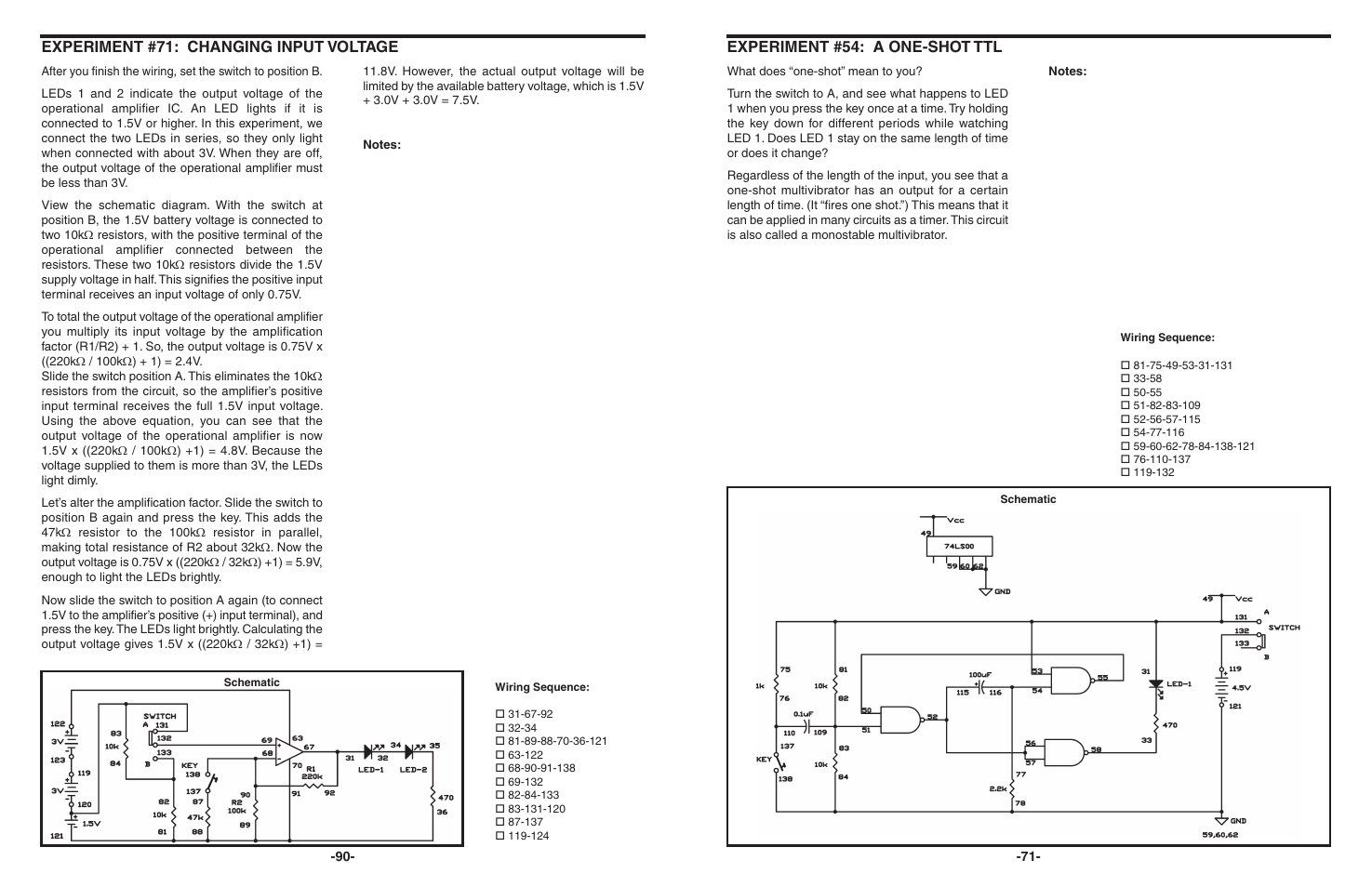 Experiment #54: a one-shot ttl, Experiment #71: changing input voltage | Elenco 130-in-1 Electronics Playground User Manual | Page 71 / 160
