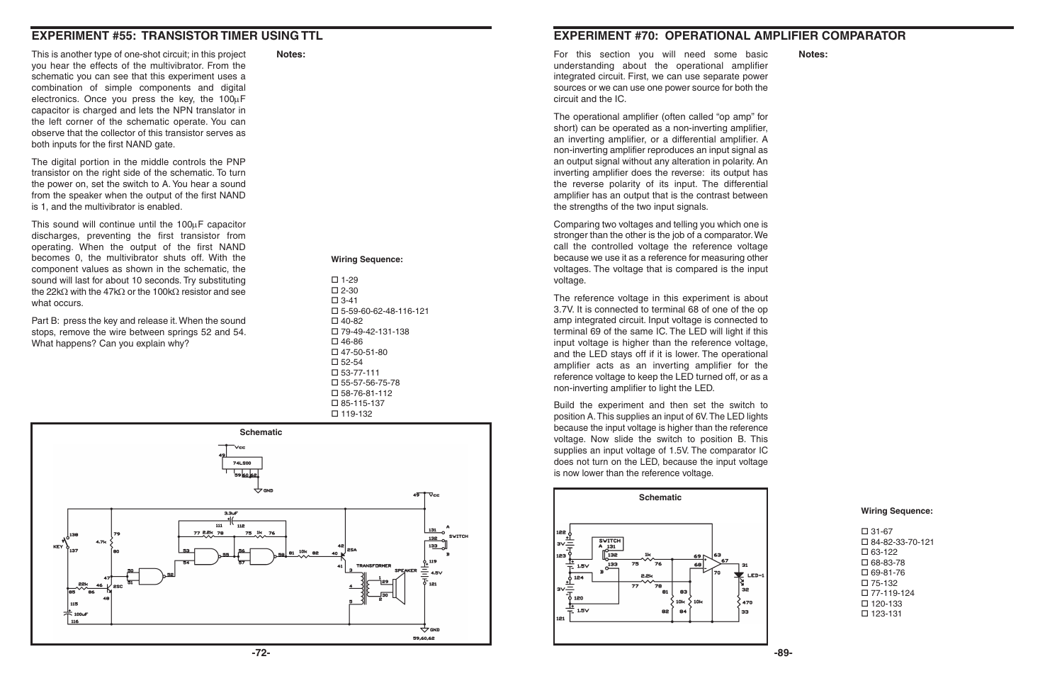 Experiment #55: transistor timer using ttl, Experiment #70: operational amplifier comparator | Elenco 130-in-1 Electronics Playground User Manual | Page 72 / 160