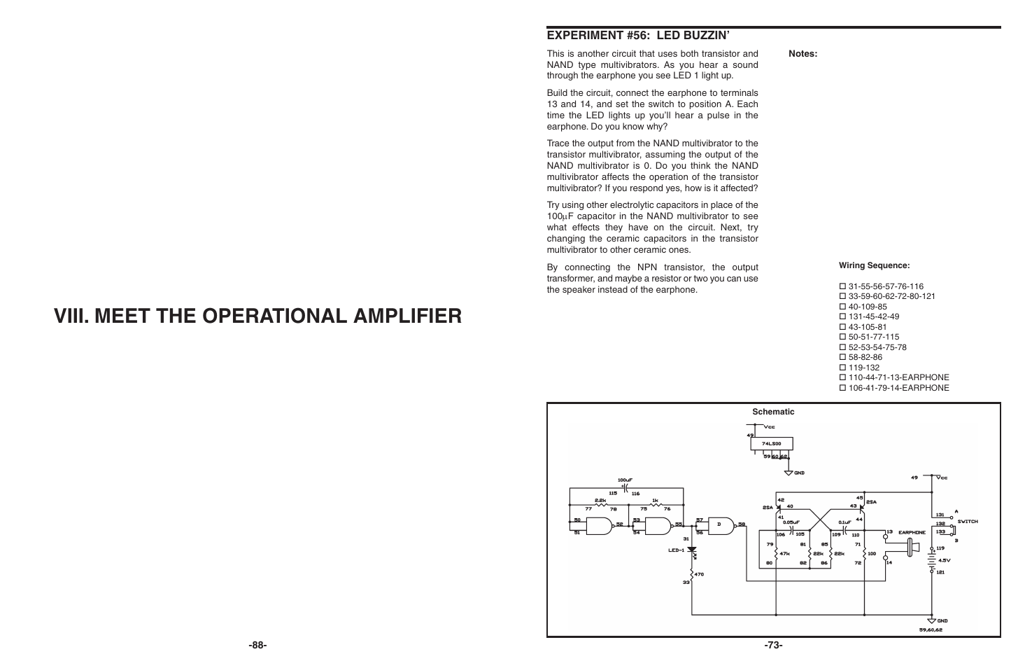 Viii. meet the operational amplifier, Experiment #56: led buzzin | Elenco 130-in-1 Electronics Playground User Manual | Page 73 / 160