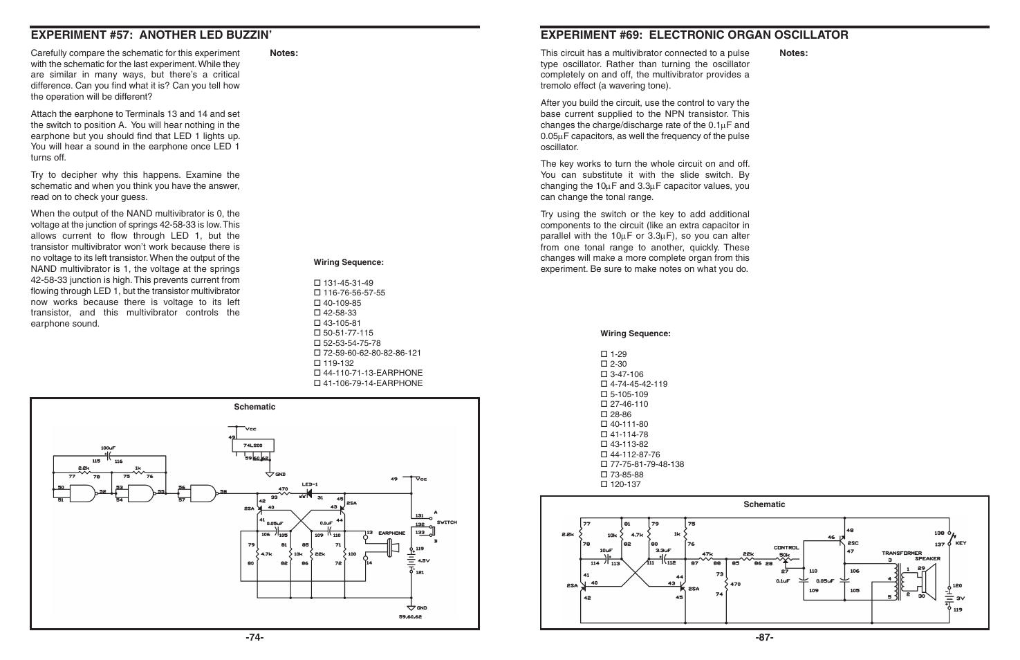 Experiment #57: another led buzzin, Experiment #69: electronic organ oscillator | Elenco 130-in-1 Electronics Playground User Manual | Page 74 / 160