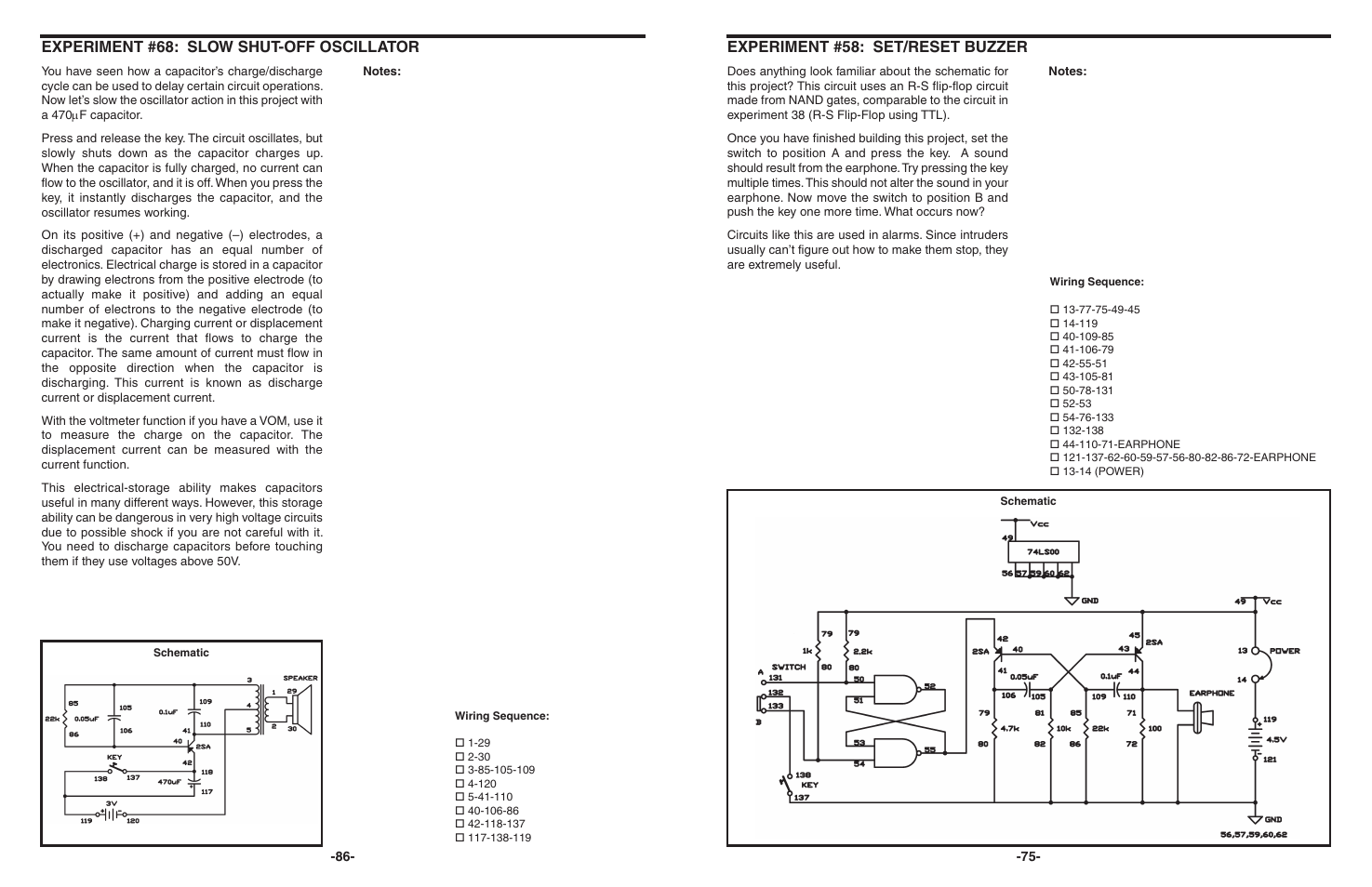 Experiment #58: set/reset buzzer, Experiment #68: slow shut-off oscillator | Elenco 130-in-1 Electronics Playground User Manual | Page 75 / 160