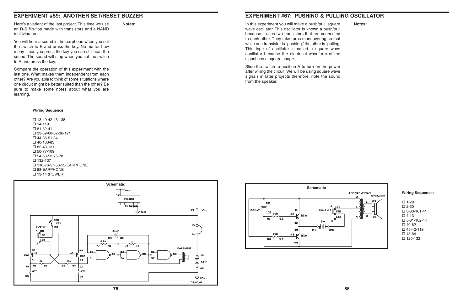Experiment #59: another set/reset buzzer, Experiment #67: pushing & pulling oscillator | Elenco 130-in-1 Electronics Playground User Manual | Page 76 / 160