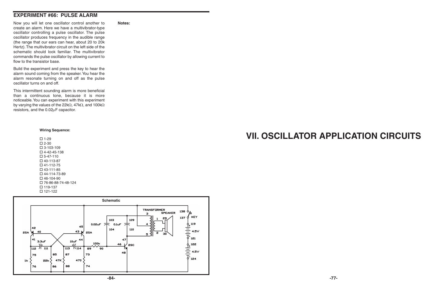 Vii. oscillator application circuits, Experiment #66: pulse alarm | Elenco 130-in-1 Electronics Playground User Manual | Page 77 / 160