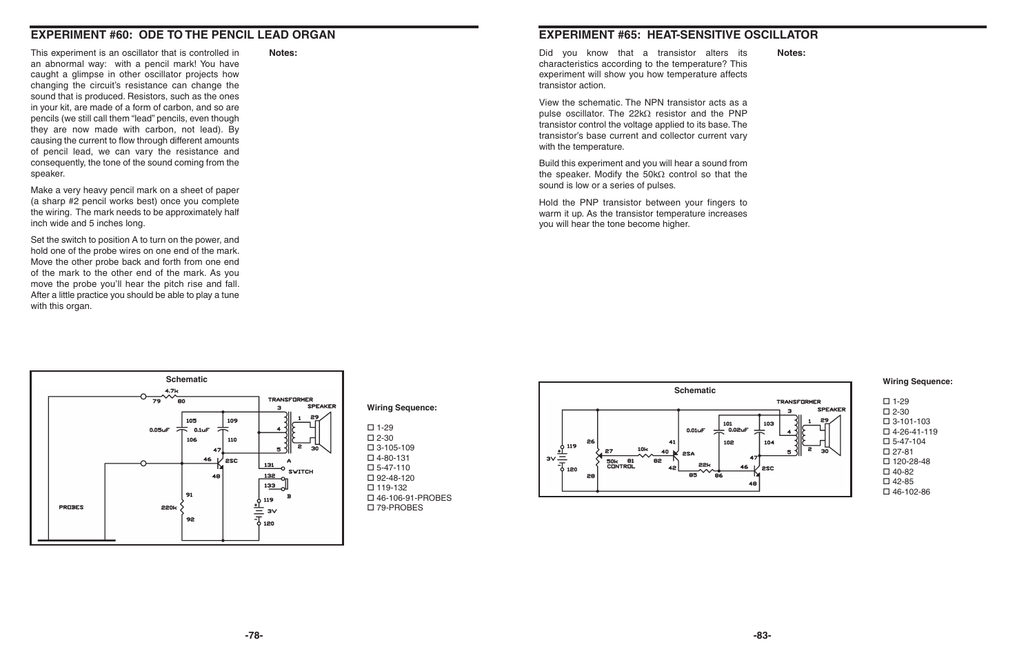 Experiment #60: ode to the pencil lead organ, Experiment #65: heat-sensitive oscillator | Elenco 130-in-1 Electronics Playground User Manual | Page 78 / 160