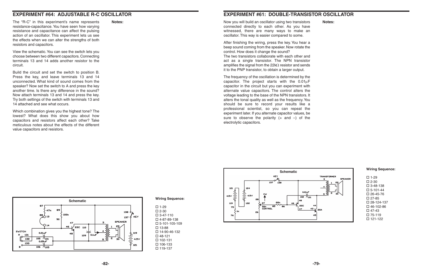 Experiment #61: double-transistor oscillator, Experiment #64: adjustable r-c oscillator | Elenco 130-in-1 Electronics Playground User Manual | Page 79 / 160