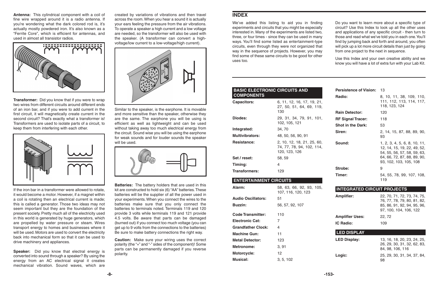 Index | Elenco 130-in-1 Electronics Playground User Manual | Page 8 / 160
