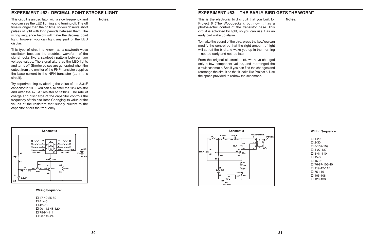 Experiment #62: decimal point strobe light, Experiment #63: “the early bird gets the worm | Elenco 130-in-1 Electronics Playground User Manual | Page 80 / 160