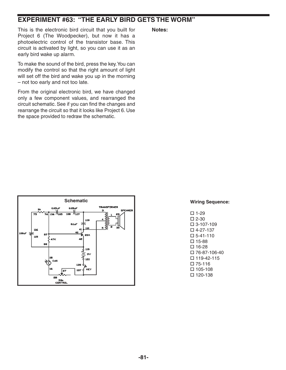 Experiment #63: “the early bird gets the worm | Elenco 130-in-1 Electronics Playground User Manual | Page 81 / 160