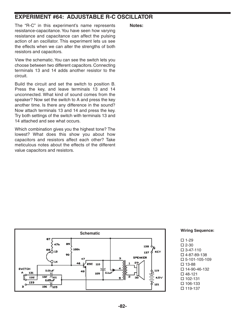 Experiment #64: adjustable r-c oscillator | Elenco 130-in-1 Electronics Playground User Manual | Page 82 / 160