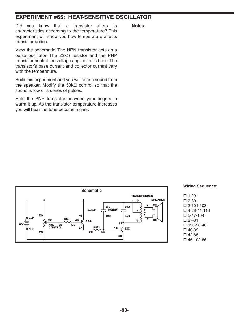 Experiment #65: heat-sensitive oscillator | Elenco 130-in-1 Electronics Playground User Manual | Page 83 / 160