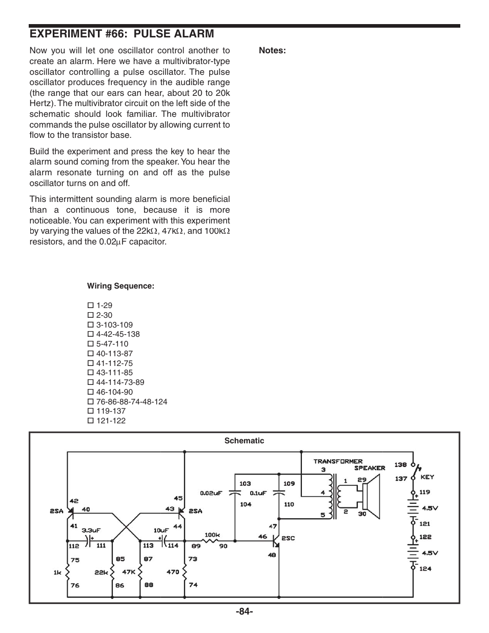 Experiment #66: pulse alarm | Elenco 130-in-1 Electronics Playground User Manual | Page 84 / 160