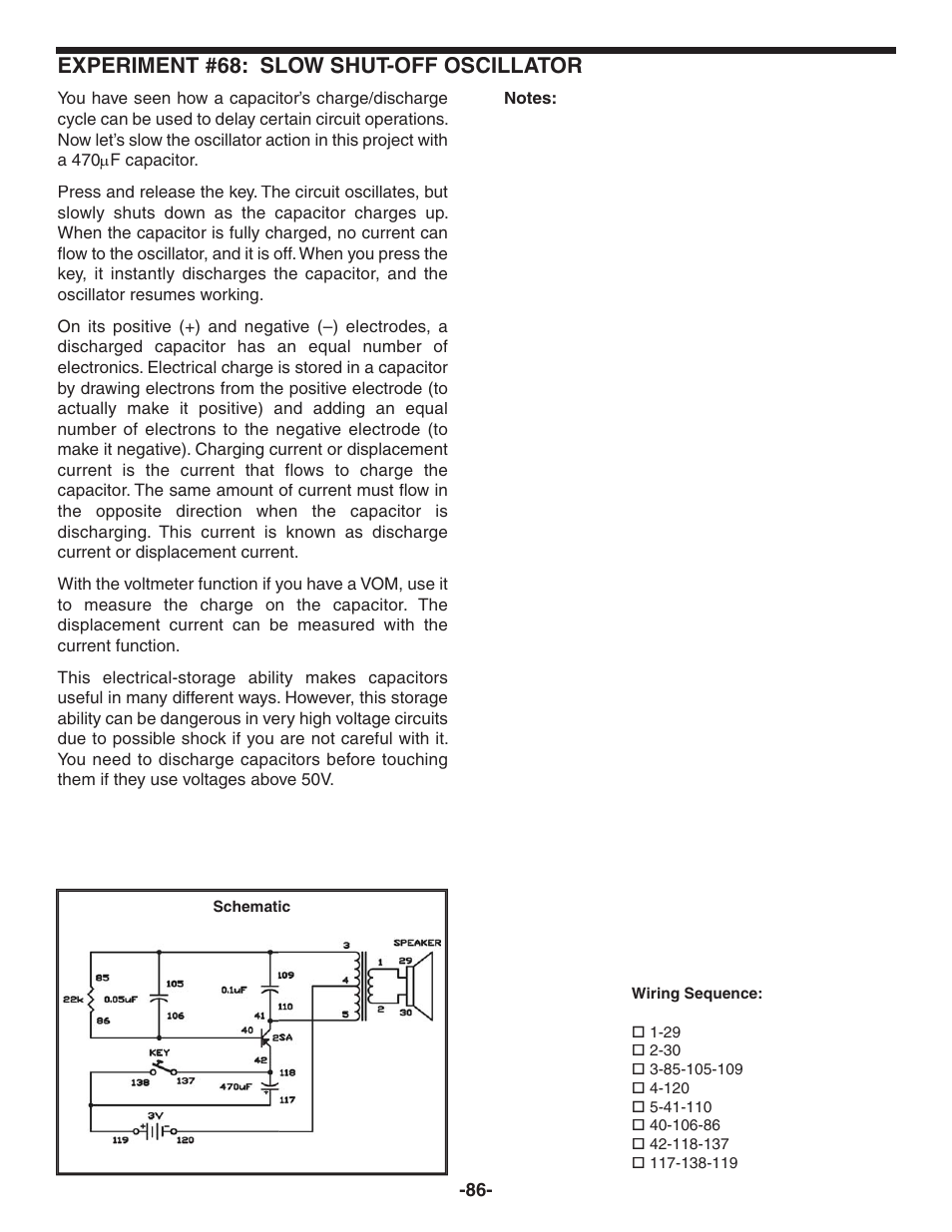 Experiment #68: slow shut-off oscillator | Elenco 130-in-1 Electronics Playground User Manual | Page 86 / 160