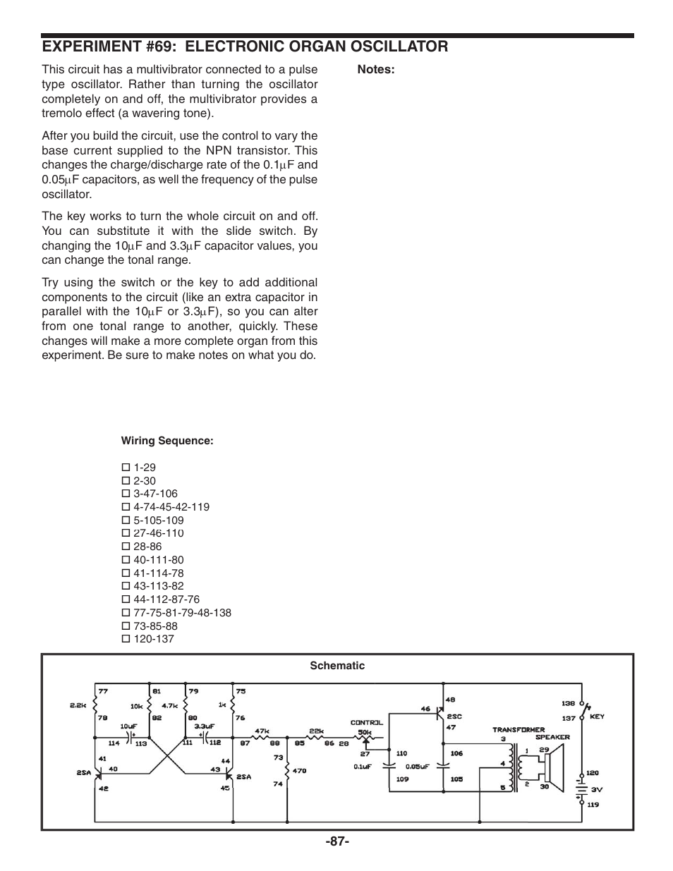 Experiment #69: electronic organ oscillator | Elenco 130-in-1 Electronics Playground User Manual | Page 87 / 160