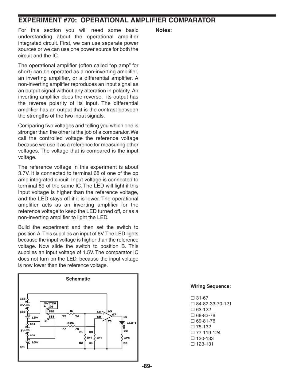 Experiment #70: operational amplifier comparator | Elenco 130-in-1 Electronics Playground User Manual | Page 89 / 160