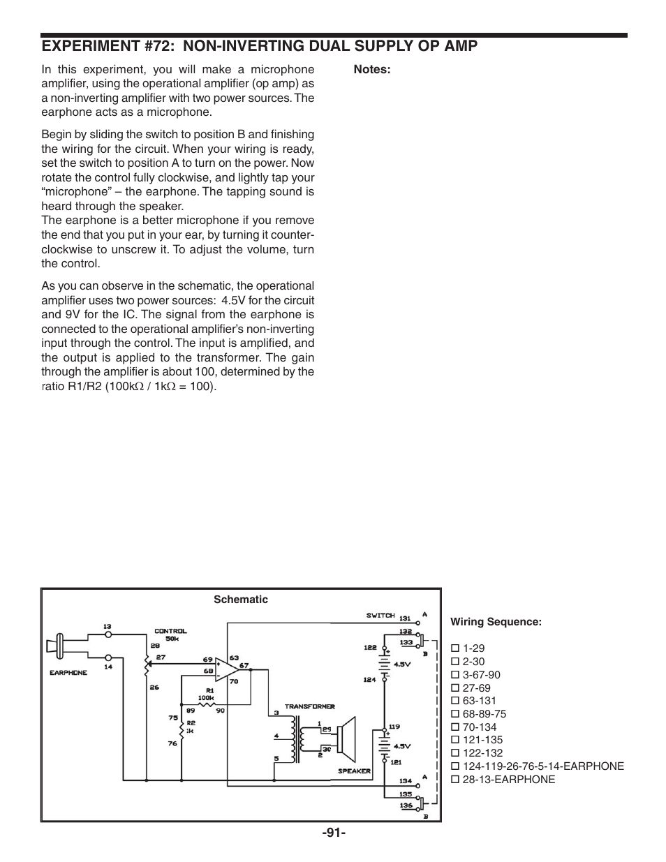 Experiment #72: non-inverting dual supply op amp | Elenco 130-in-1 Electronics Playground User Manual | Page 91 / 160
