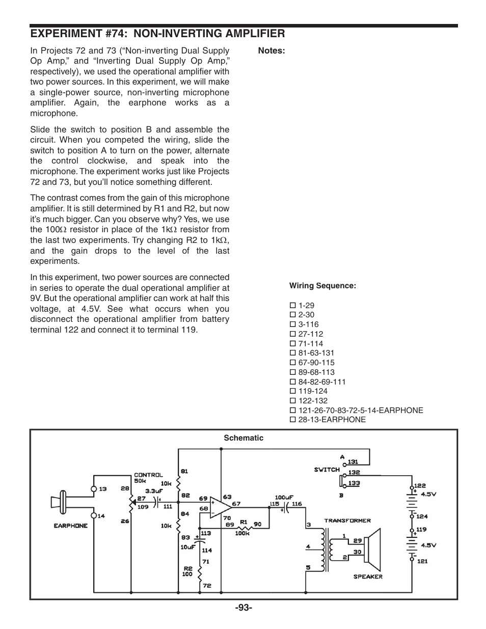 Experiment #74: non-inverting amplifier | Elenco 130-in-1 Electronics Playground User Manual | Page 93 / 160