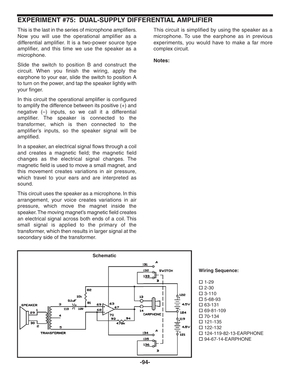 Experiment #75: dual-supply differential amplifier | Elenco 130-in-1 Electronics Playground User Manual | Page 94 / 160