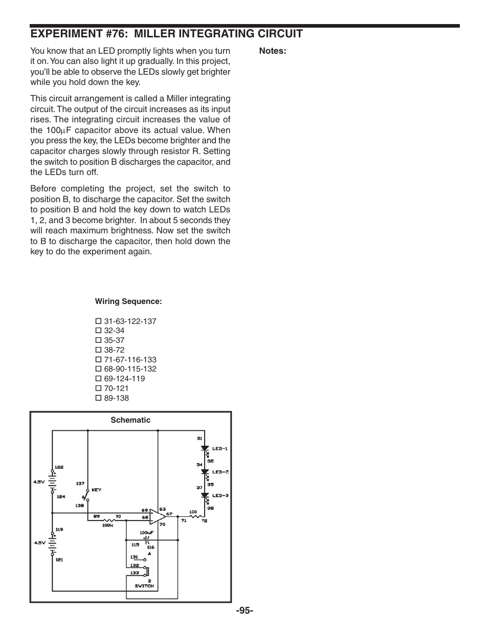 Experiment #76: miller integrating circuit | Elenco 130-in-1 Electronics Playground User Manual | Page 95 / 160