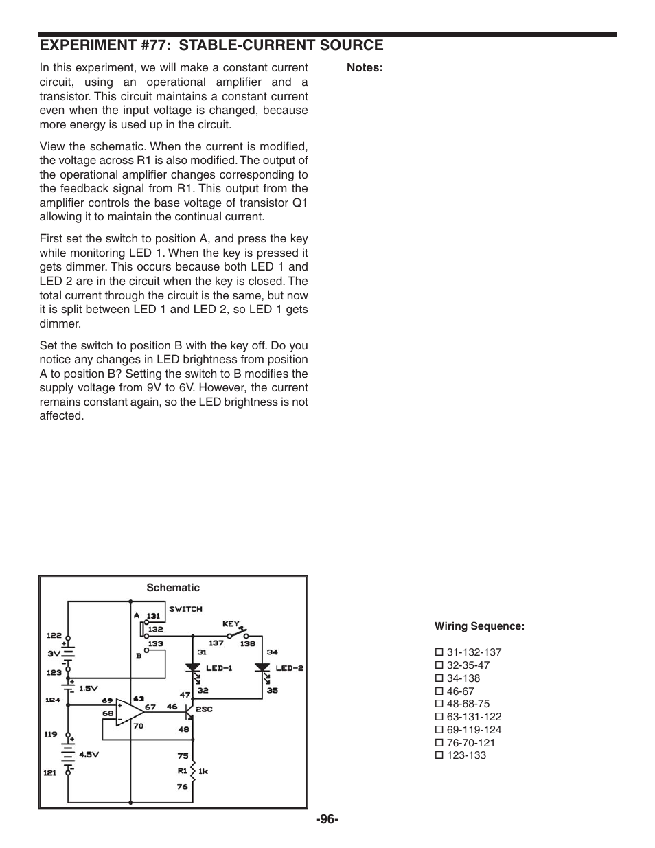 Experiment #77: stable-current source | Elenco 130-in-1 Electronics Playground User Manual | Page 96 / 160