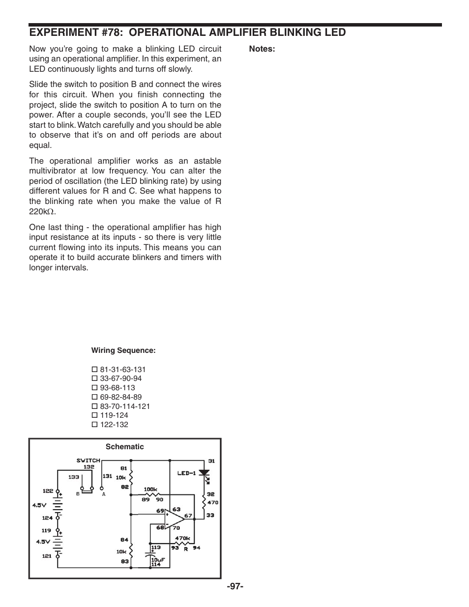 Experiment #78: operational amplifier blinking led | Elenco 130-in-1 Electronics Playground User Manual | Page 97 / 160