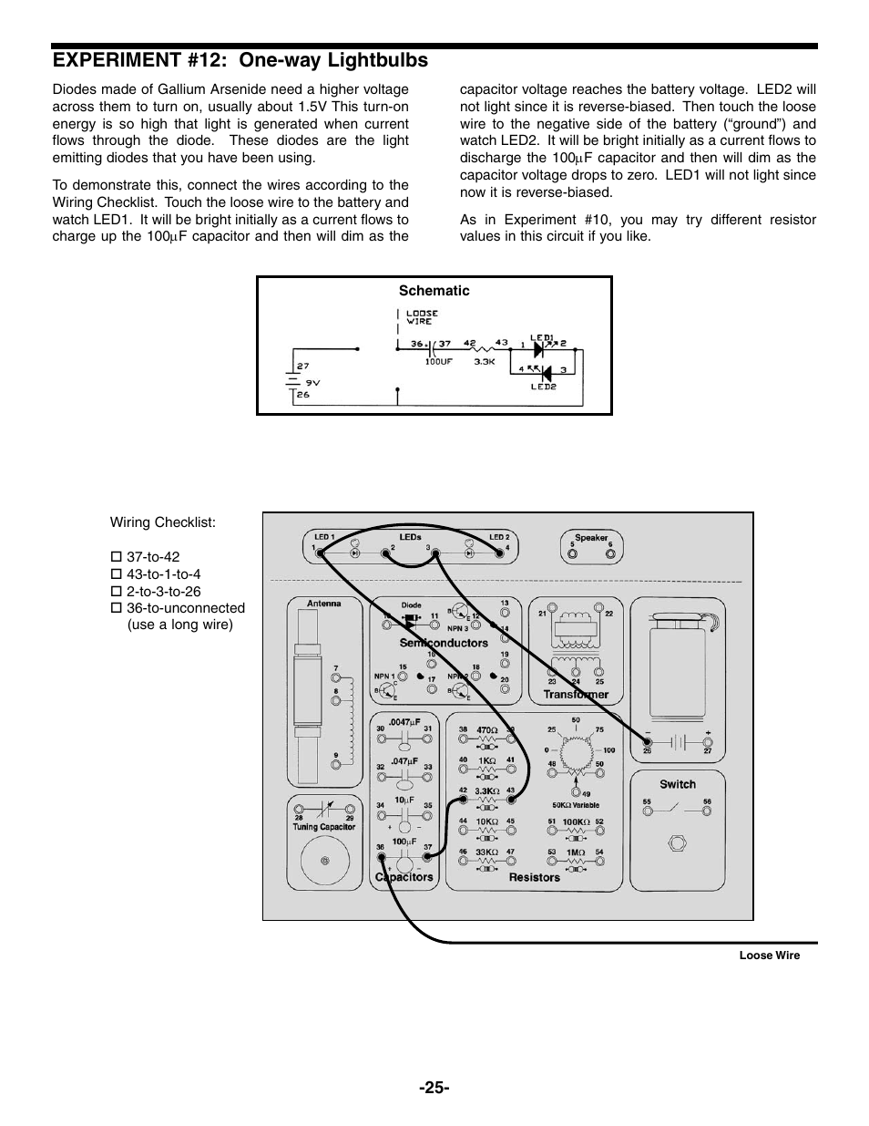 Experiment #12: one-way lightbulbs | Elenco Electronic Playground 50-in-1 Experiments User Manual | Page 25 / 72