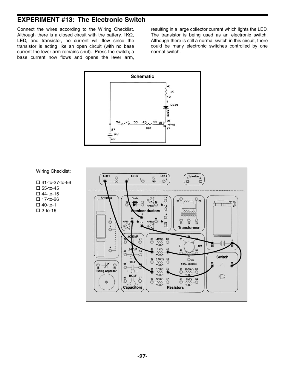 Experiment #13: the electronic switch | Elenco Electronic Playground 50-in-1 Experiments User Manual | Page 27 / 72