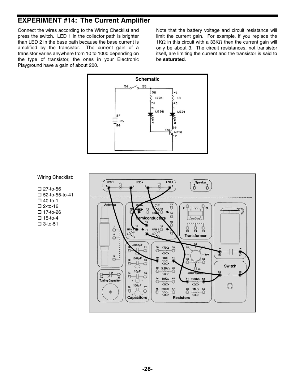 Experiment #14: the current amplifier | Elenco Electronic Playground 50-in-1 Experiments User Manual | Page 28 / 72