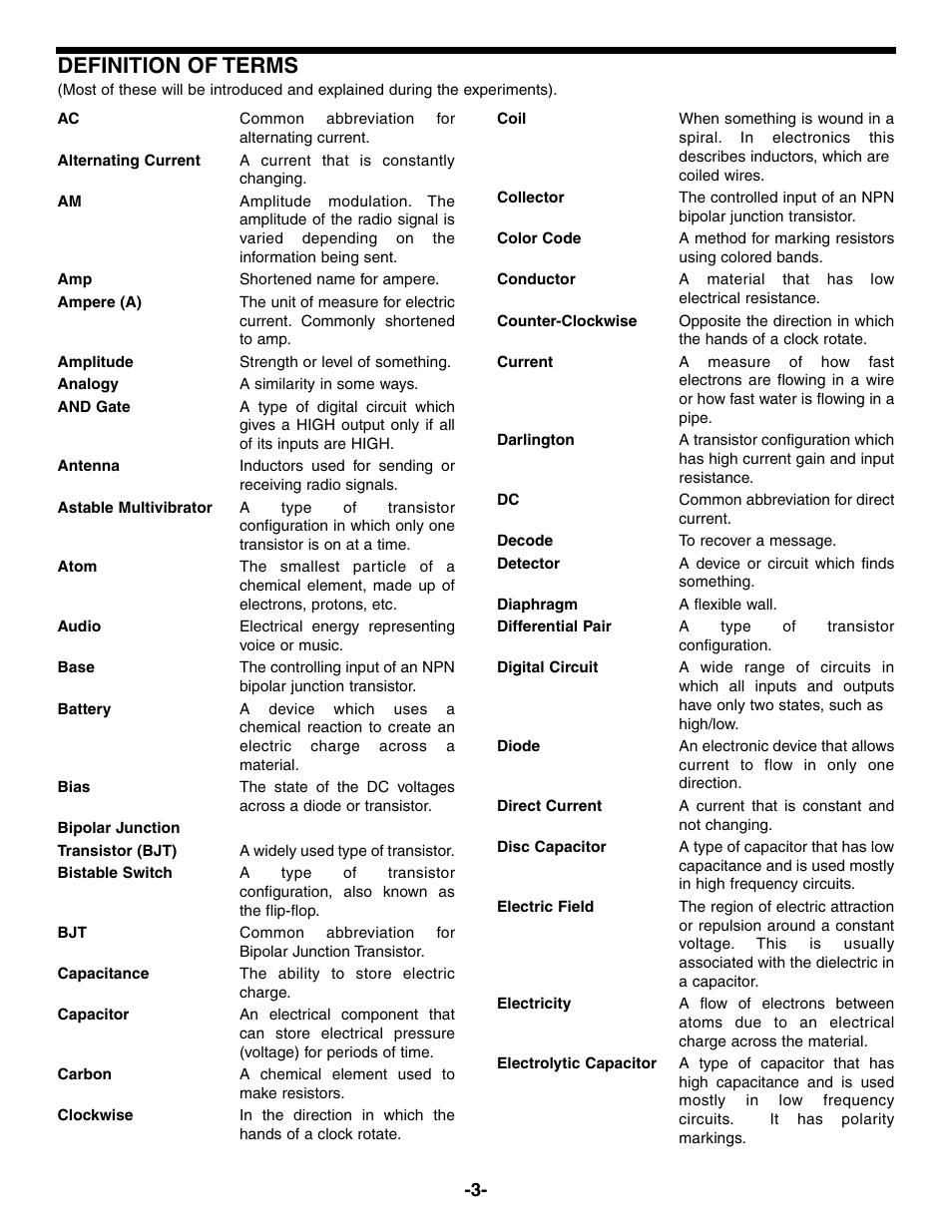 Definition of terms | Elenco Electronic Playground 50-in-1 Experiments User Manual | Page 3 / 72