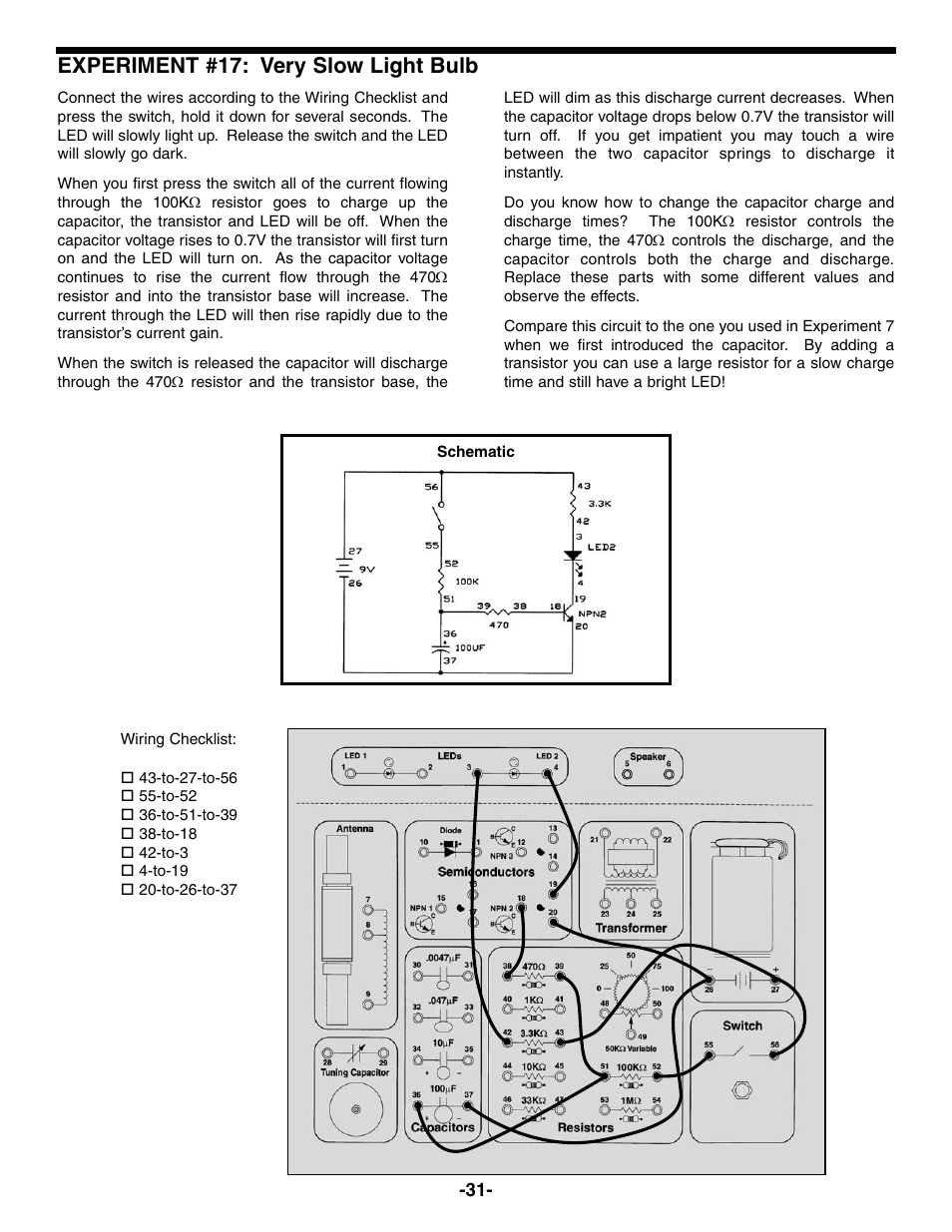 Experiment #17: very slow light bulb | Elenco Electronic Playground 50-in-1 Experiments User Manual | Page 31 / 72