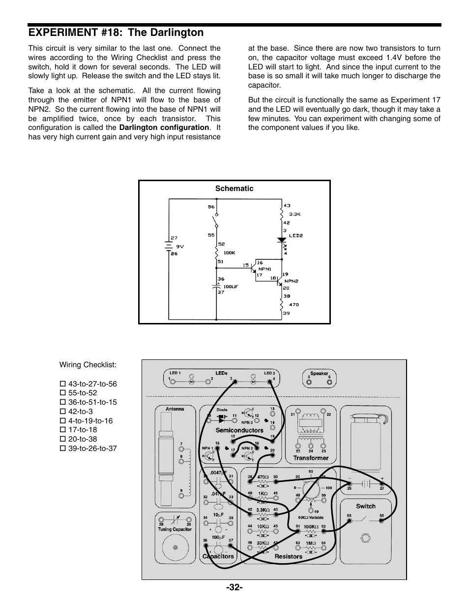 Experiment #18: the darlington | Elenco Electronic Playground 50-in-1 Experiments User Manual | Page 32 / 72