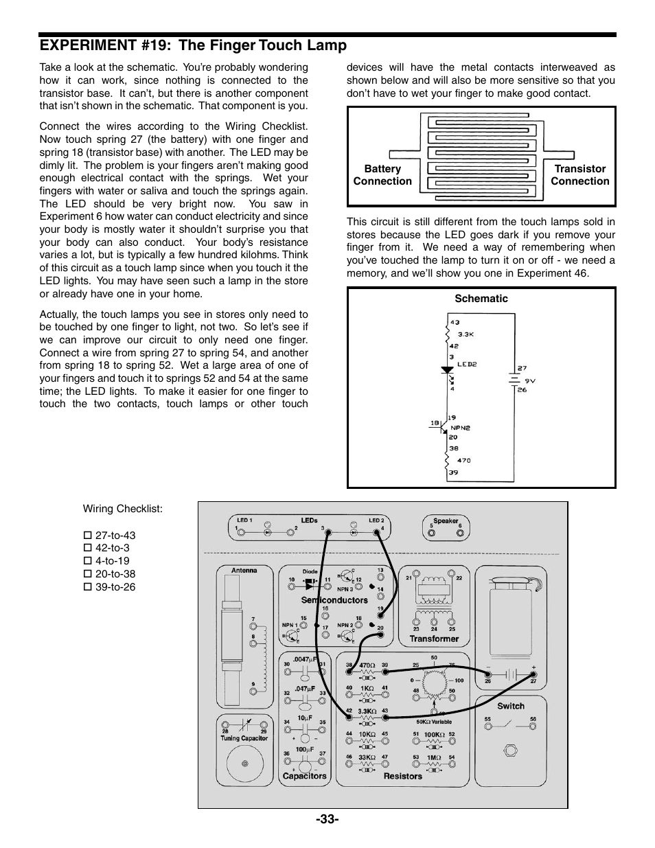 Experiment #19: the finger touch lamp | Elenco Electronic Playground 50-in-1 Experiments User Manual | Page 33 / 72